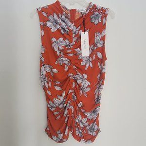 Calvin Klein Ruched Sleeveless Top Liquid Knit High Neck Burnt Orange Floral